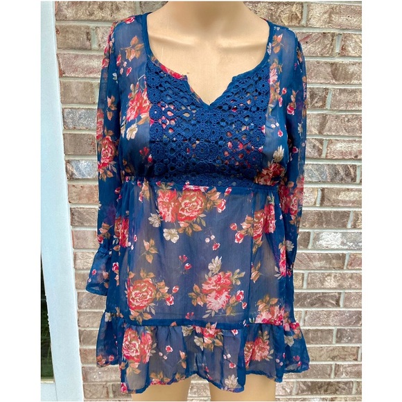 Navy Blue & Red Rose Floral Sheer Bell Sleeve Top - Picture 1 of 5